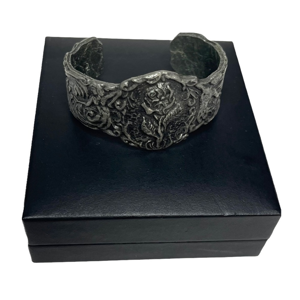 Artisan Hand Crafted Carved Rose Pewter Cuff Bracelet